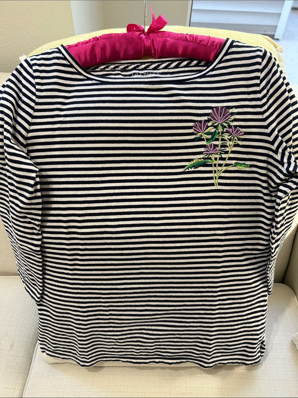 Talbots Black and White Striped Top with Purple Floral Embroidery